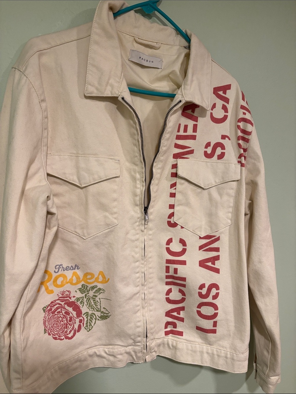 PacSun Cream Utility Jacket with Red Text and Yellow Floral Sold Out in stores!